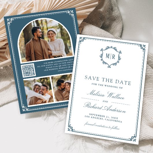 Monogramm QR-Code Foto Collage Staubblau Hochzeit Save The Date