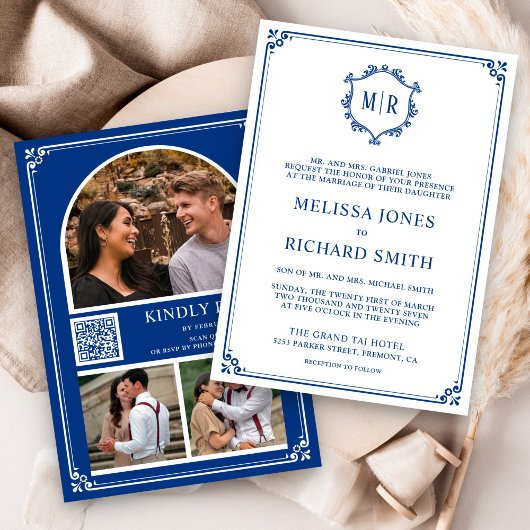 Monogramm-QR-Code-Fotocollage Königlichblaue Hochz Einladung