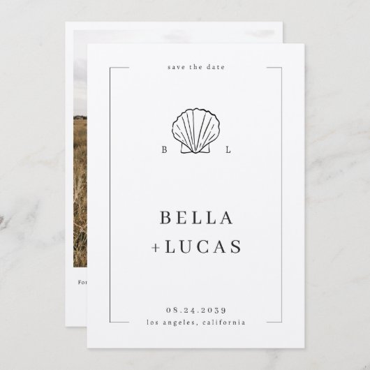 Monogramm QR-Code für Nautical Coastal Muschel Save The Date (Vorne/Hinten)