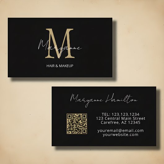 Monogramm QR-Code Schwarz Gold Visitenkarte