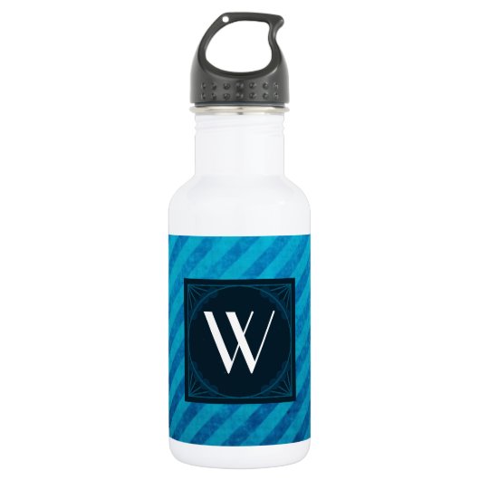 Monogramm-Quadrat auf blauen Diagonalstreifen Trinkflasche (Vorderseite)