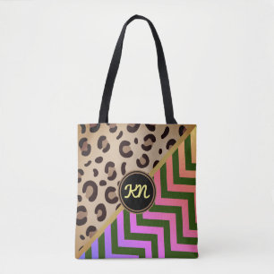 Monogramm Rainbow Leopard Print Zickzack Tasche