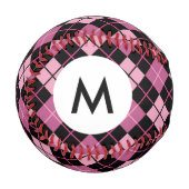 Monogramm-Raute Muster in Schwarz und Rosa Baseball (Vorderseite Links)