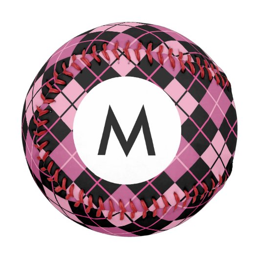 Monogramm-Raute Muster in Schwarz und Rosa Baseball (Vorderseite Links)