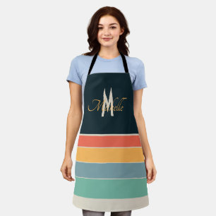 Monogramm Retro 70er Jahre Navy Blau Senfgestreift Schürze