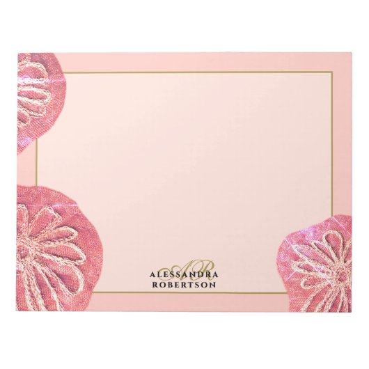Monogramm Retro-Blumenrosa Goldpfirsich Chic Notizblock (Vorderseite)