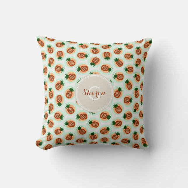 Monogramm Retro-braune und minze Ananas Kissen (Vorderseite)