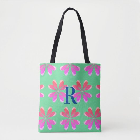 Monogramm Retro florengrün pink Tasche (Vorderseite)
