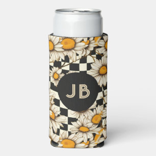 Monogramm Retro Groovy Gänseblümchen Schachbrett Selters Dosenkühler