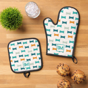 Monogramm Retro-Mitte des Jahrhunderts geometrisch Ofenhandschuh & Topflappen-Set