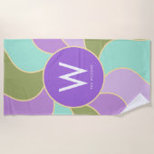 Monogramm Retro Sun Waves Lila und grün Strandtuch (Vorderseite)