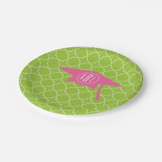 Monogramm-rosa Abschluss-Kappe + Grünes Quatrefoil Pappteller (Schrägansicht)