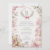 Monogramm Rosa Baby Shower Einladung (Vorderseite)