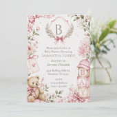 Monogramm Rosa Baby Shower Einladung (Stehend Vorderseite)