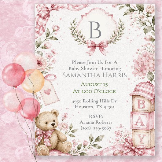 Monogramm Rosa Baby Shower Einladung