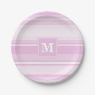 Monogramm rosa Baby-Streifen Pappteller