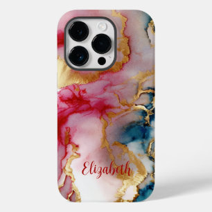 Monogramm Rosa Blau Gold Wasch Spritz Wasserfarbe Case-Mate iPhone 14 Pro Hülle