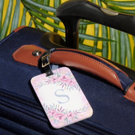 Monogramm Rosa Blume Aquarell Niedlich Boho Gepäckanhänger (Vorderseite Insitu 1)