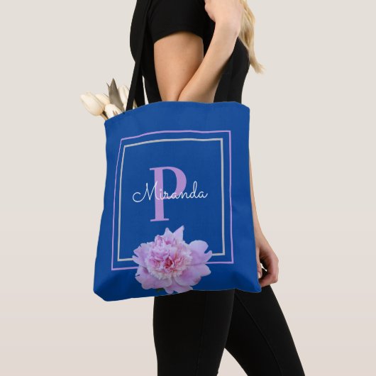 Monogramm Rosa Blume Blau Tasche (Von Nahem)