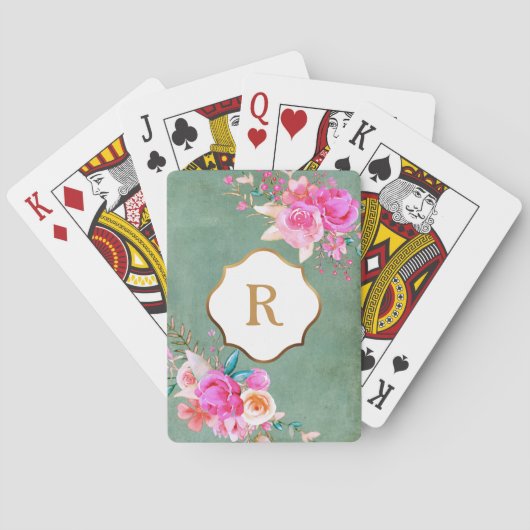 Monogramm Rosa Blume Vintag Grüne Textur Spielkarten (Rückseite)