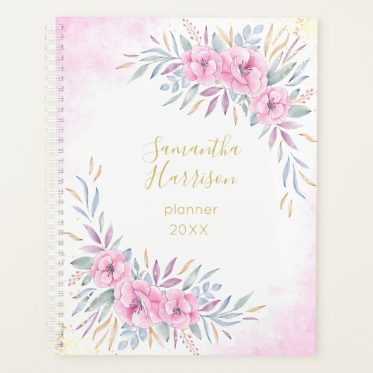 Monogramm Rosa Blume Wasserfarben Elegant Groß Planer (Vorderseite)