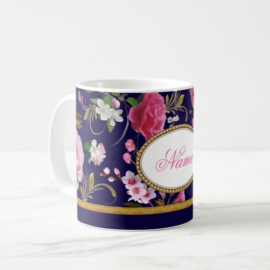 Monogramm-rosa Blumen Kaffeetasse (Vorderseite Links)