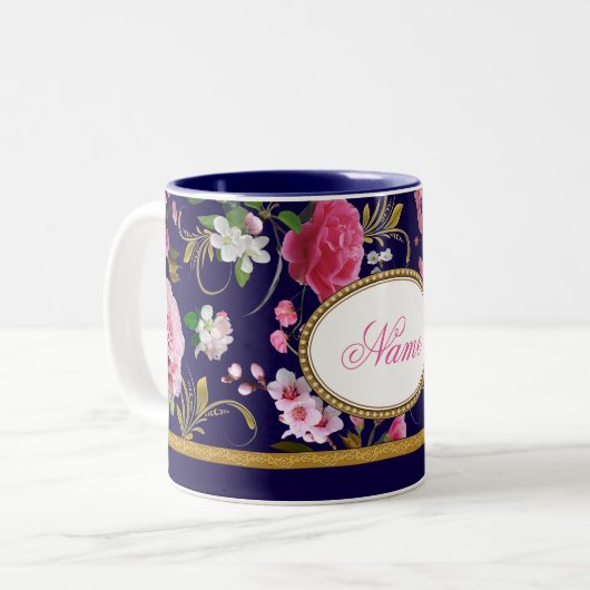 Monogramm-rosa Blumen Zweifarbige Tasse (Vorderseite Links)