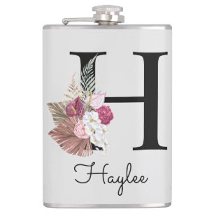 Monogramm Rosa Boho Blumen Initial H Flachmann