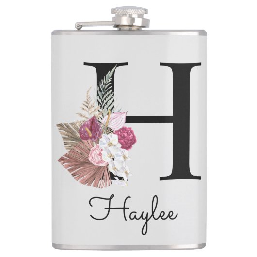 Monogramm Rosa Boho Blumen Initial H Flachmann (Vorderseite)