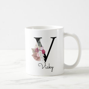 Monogramm Rosa Boho Girly Blumeninitiale V Kaffeetasse
