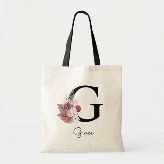 Monogramm Rosa Boho Mädchen Blumen Initiale G Tragetasche (Vorne)