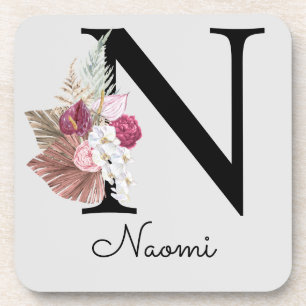 Monogramm Rosa Boho Mädchenhaft Floral Initial N Getränkeuntersetzer