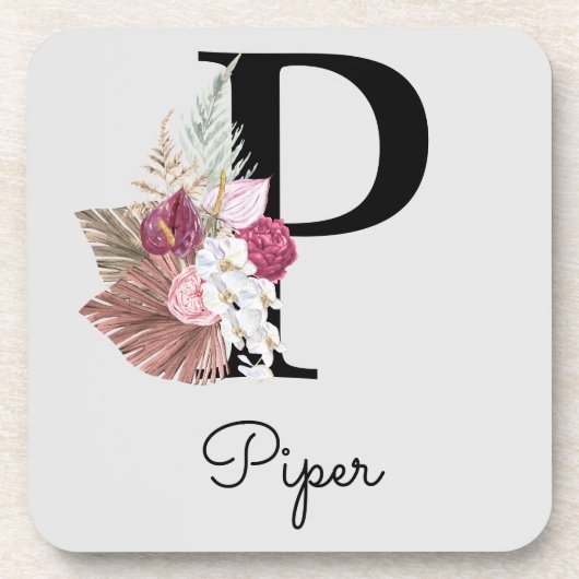 Monogramm Rosa Boho Mädchenhaft Florales Anfangs-P Getränkeuntersetzer (Vorderseite)