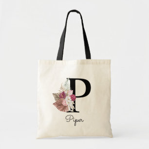 Monogramm Rosa Boho Mädchenhaft Florales Anfangs-P Tragetasche