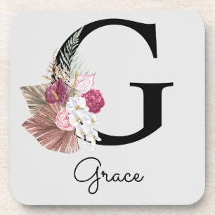Monogramm Rosa Boho Mädchenhaft Florales Initial G Getränkeuntersetzer