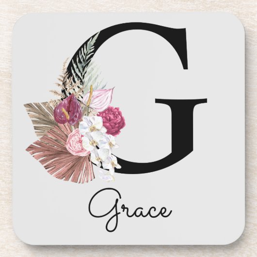 Monogramm Rosa Boho Mädchenhaft Florales Initial G Getränkeuntersetzer (Vorderseite)