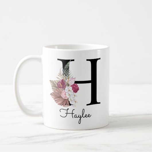 Monogramm Rosa Boho Mädchenhaft Florales Initial H Kaffeetasse (Links)