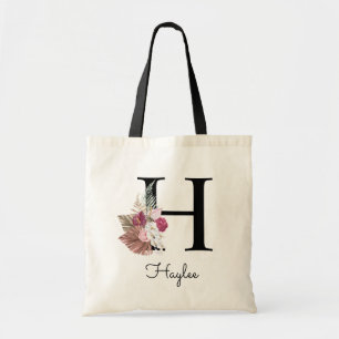 Monogramm Rosa Boho Mädchenhaft Florales Initial H Tragetasche