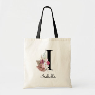 Monogramm Rosa Boho Mädchenhaft Florales Initial I Tragetasche