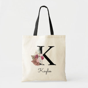 Monogramm Rosa Boho Mädchenhaft Florales Initial K Tragetasche