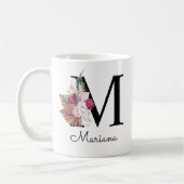 Monogramm Rosa Boho Mädchenhaft Florales Initial M Kaffeetasse (Links)