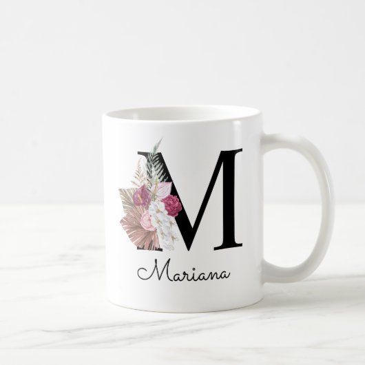Monogramm Rosa Boho Mädchenhaft Florales Initial M Kaffeetasse (Rechts)