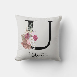 Monogramm Rosa Boho Mädchenhaft Florales Initial U Kissen
