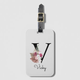 Monogramm Rosa Boho Mädchenhaft Florales Initial V Gepäckanhänger
