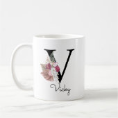 Monogramm Rosa Boho Mädchenhaft Florales Initial V Kaffeetasse (Links)