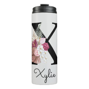 Monogramm Rosa Boho Mädchenhaft Florales Initial X Thermosbecher