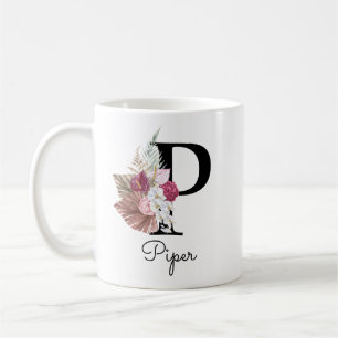 Monogramm Rosa Boho Mädchenhaftes Florales Initial Kaffeetasse