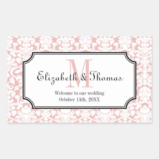 Monogramm rosa Damastrahmen aus Stadtgeschenktasch Rechteckiger Aufkleber (Vorderseite)