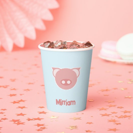 Monogramm rosa Ferkel auf blau Pappbecher (Insitu)