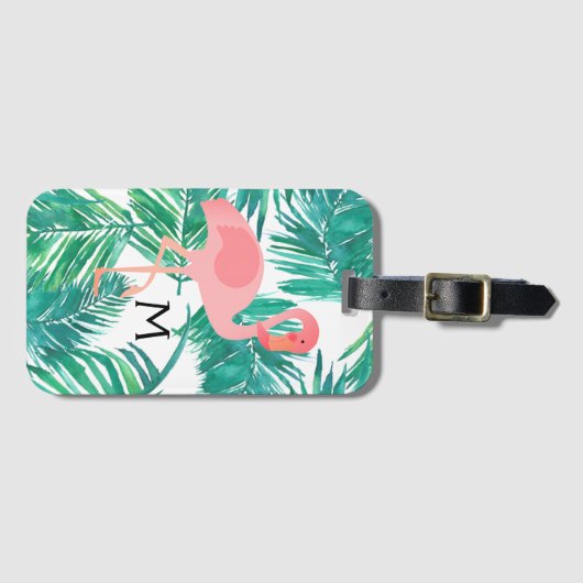 Monogramm rosa Flamingo auf tropischen Blätter Gepäckanhänger (Vorderseite (Horizontal))